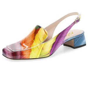 YDN Colorful Feather ​Block Heel Slingback Pump